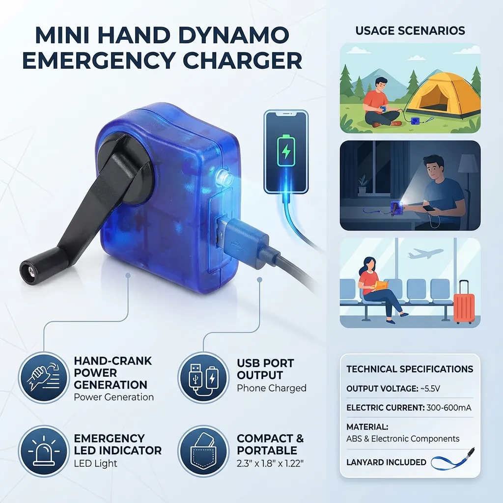 Mini Hand Dynamo Charger Hand Cranking USB Port Output Cell Phone Emergency Charger (Blue)