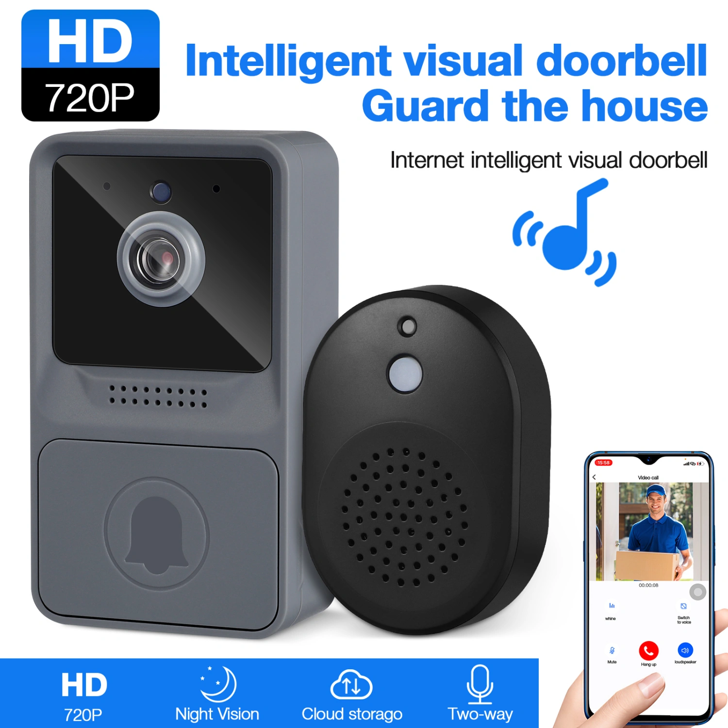 Wireless Remote Video Doorbell Smart Doorbell Intercom WiFi Anti-Theft Doorbell for Home Dorm Office (Grey)