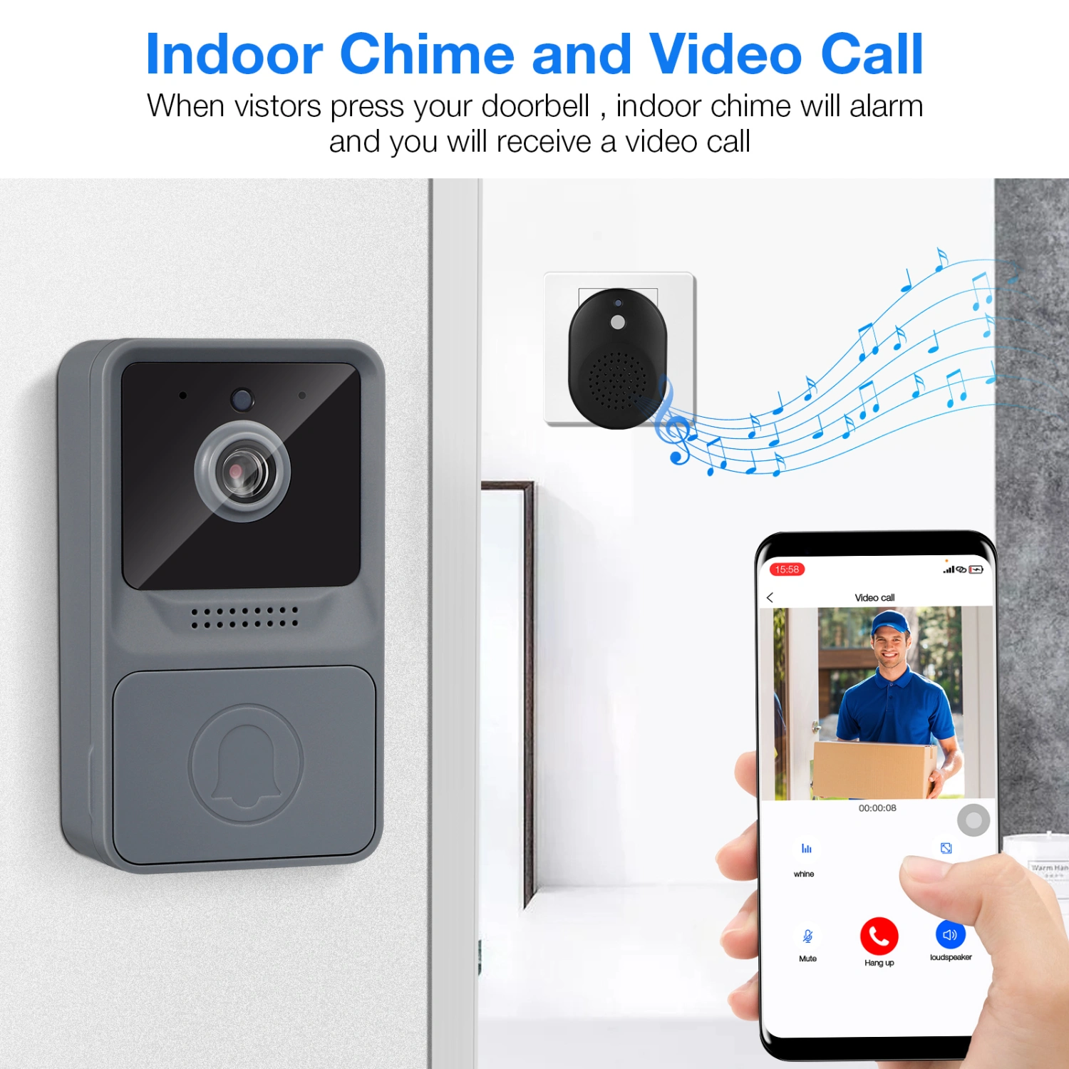 Wireless Remote Video Doorbell Smart Doorbell Intercom WiFi Anti-Theft Doorbell for Home Dorm Office (Grey)