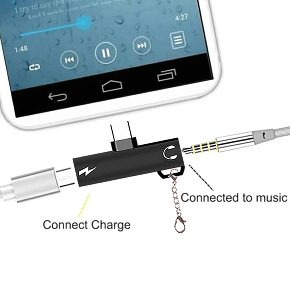 Type C Earphone Adapter 2 in 1 Type-C to 3.5mm Audio Charge Cable Earphone Converter Black