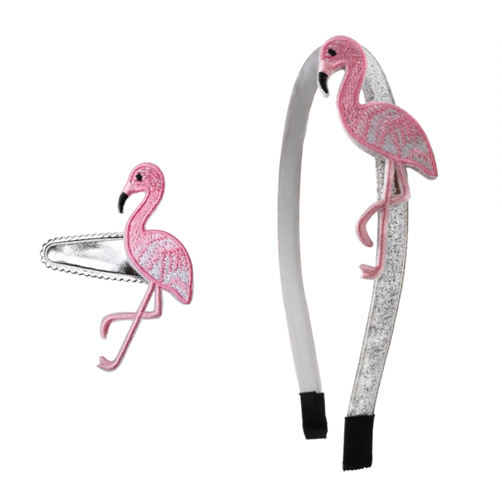 2pcs Flamingo Headband Embroidery Hair Set Girls Headwear Hairpins (Flamingo Hair and Hairpins)