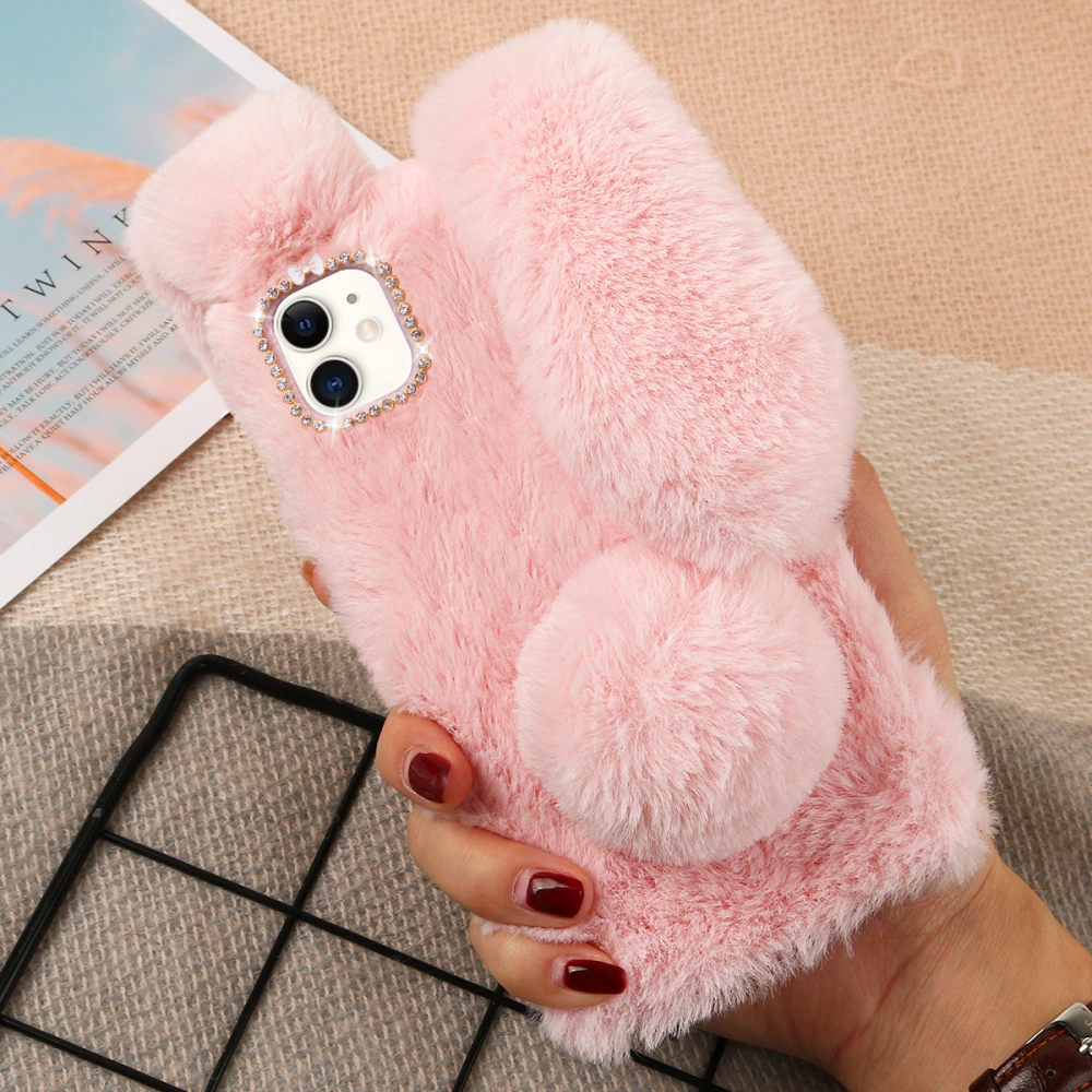 Pink 6.1 Inches Plush Rabbit Pattern Phone Case Fashion Rhinestone Winter Keep Warm Phoho Shell Shockproof Cover Compatible With Apple iPhone 11