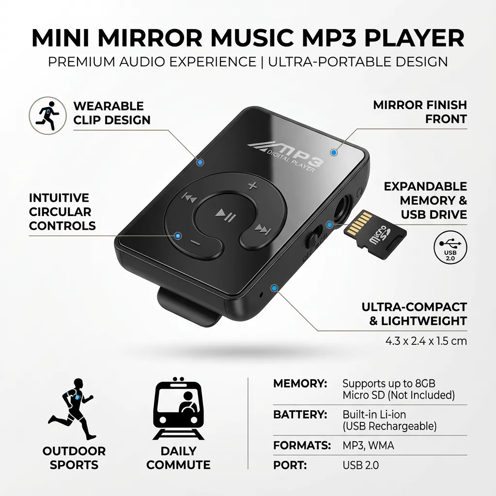 Mini Mirror Music MP3 Player Clip Support 8GB TF With USB Cable Earphone (Black)