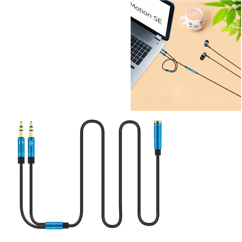 1Pc 1 to 2 Female to 2 Male Headset Splitter Cable Computer Headphones Microphone Adapter Convertors (Blue)