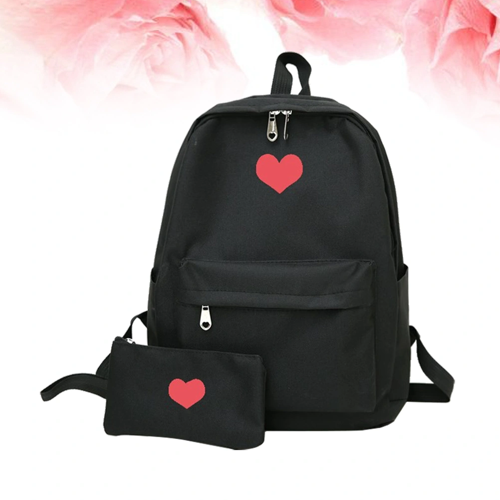 1pc Canvas Backpack Brief Loving Heart Shoulder Bag Student Bag with A Zipper Wallet for Travel Shopping (Black)