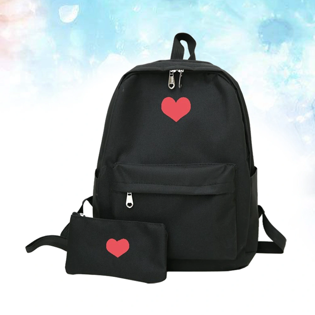 1pc Canvas Backpack Brief Loving Heart Shoulder Bag Student Bag with A Zipper Wallet for Travel Shopping (Black)