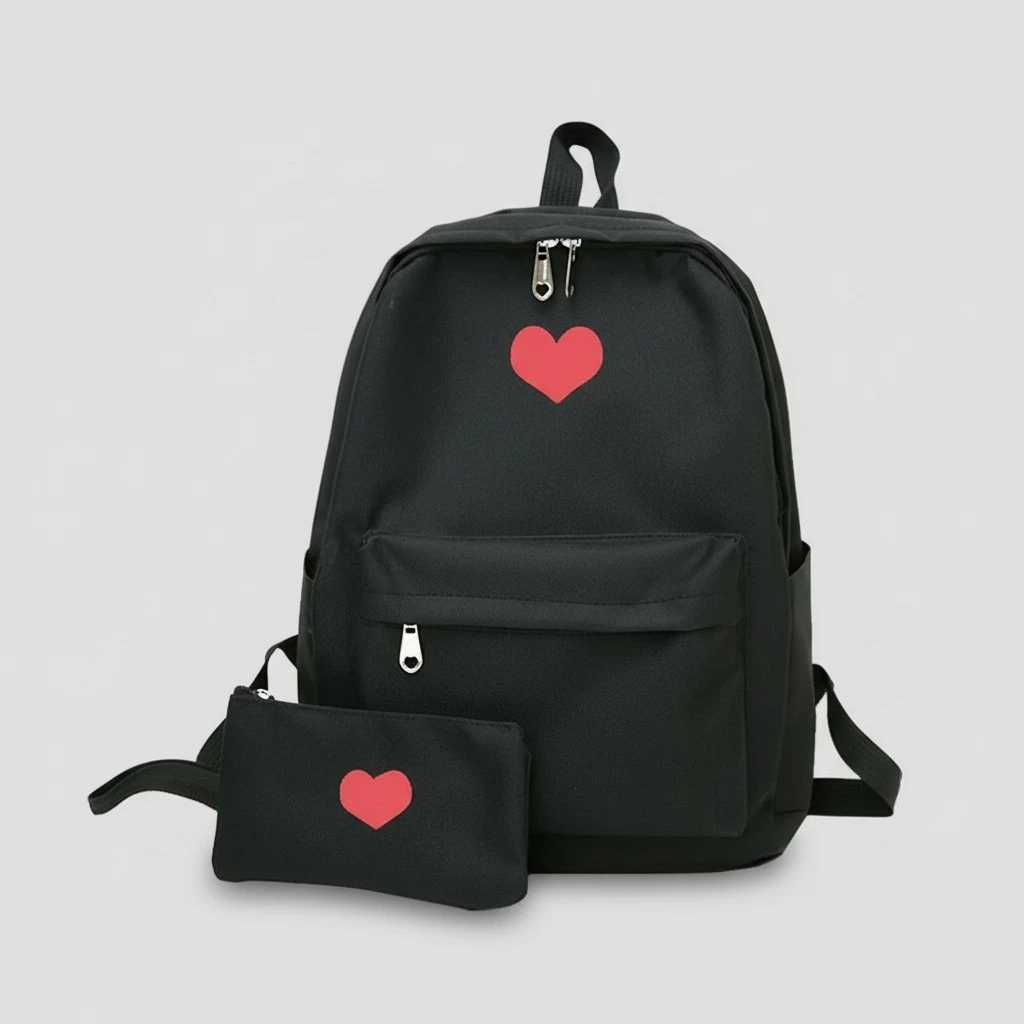 1pc Canvas Backpack Brief Loving Heart Shoulder Bag Student Bag with A Zipper Wallet for Travel Shopping (Black)
