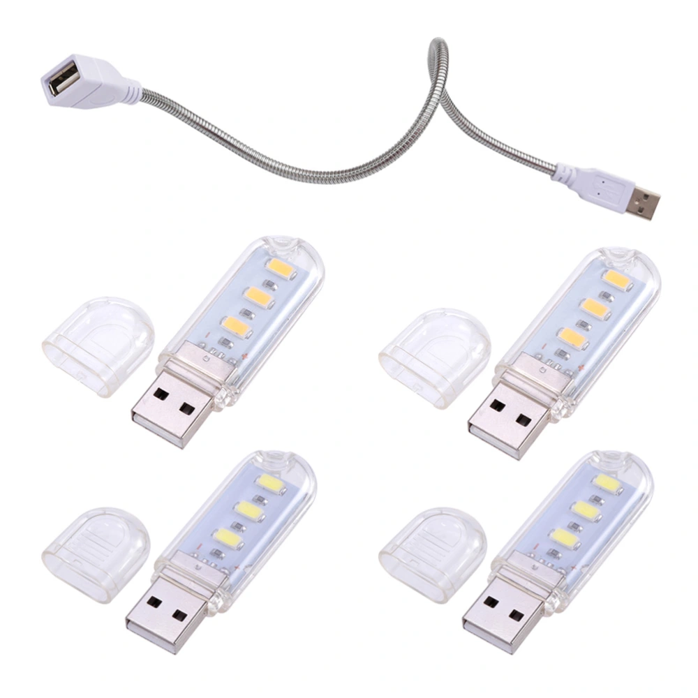 5 Pcs LED Night Light USB Keyboard Laptop Lamp Reading Lighting Portable Mini Table Lamp(2Pcs 3 Led with White Light and 2Pcs 3 Led with Warm Light and 1Pc USB Extension Cord)