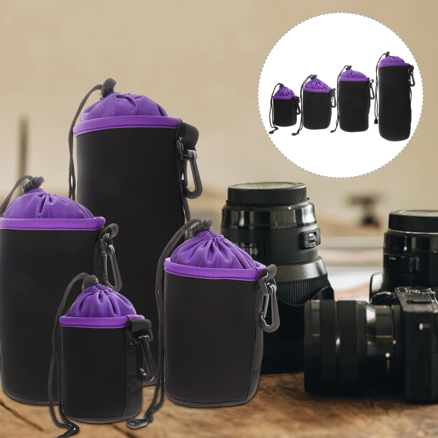 4pcs SLR Camera Lens Bags Drawstring Camera Lens Storage Pouches Protective Cases