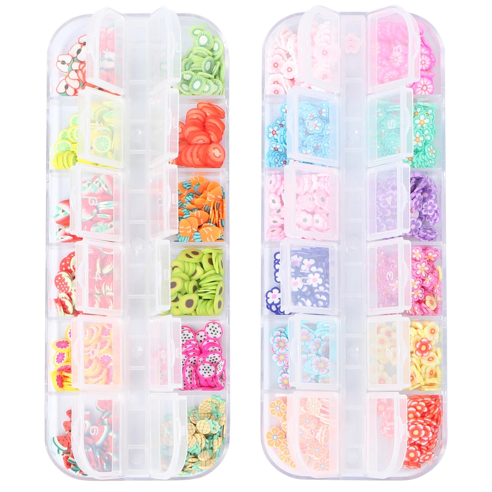 2 Boxes Handmade Diy Nail Art Decorations Nails Sequins Crystal Clay Flower Fruit Slice Manicures Supplies (1 Box 12 Grids Random Fruit + Flower)