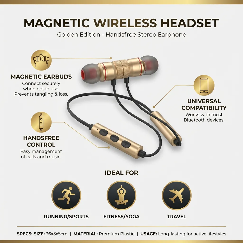 Magnetic Wireless Headset Wire Control In-Ear Headphones Handsfree Stereo Earphone (Golden)