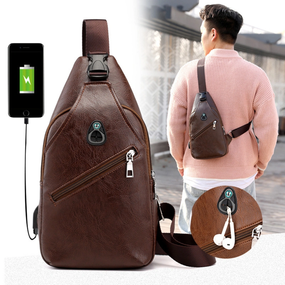 Men PU Leather Chest Bag Crossbody Sling Bag with Zipper Leisure Bag for USB Headphone (Dark Brown)