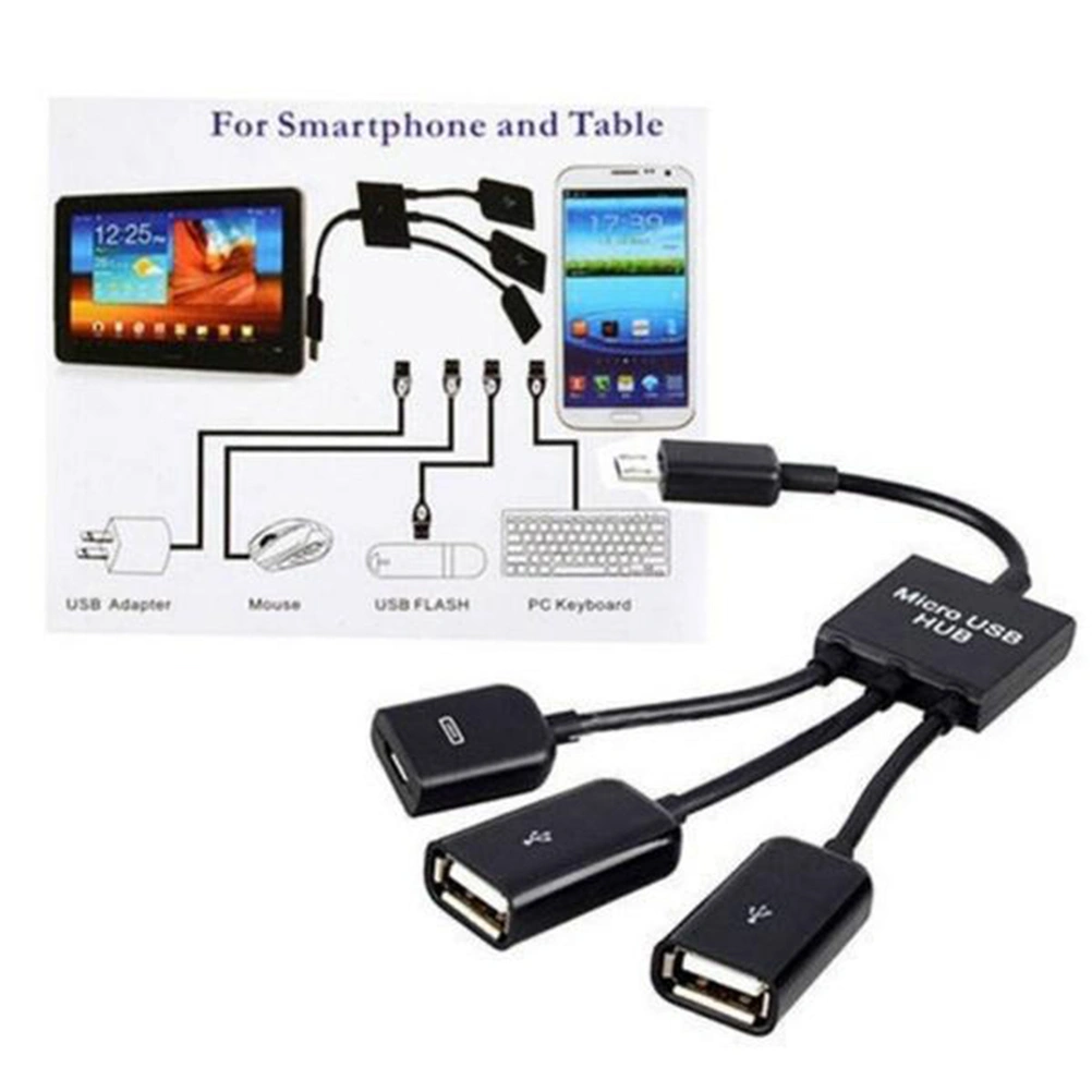 3 in 1 Micro USB HUB Male to Female Double USB 2.0 Host OTG Adapter Cable (Black)