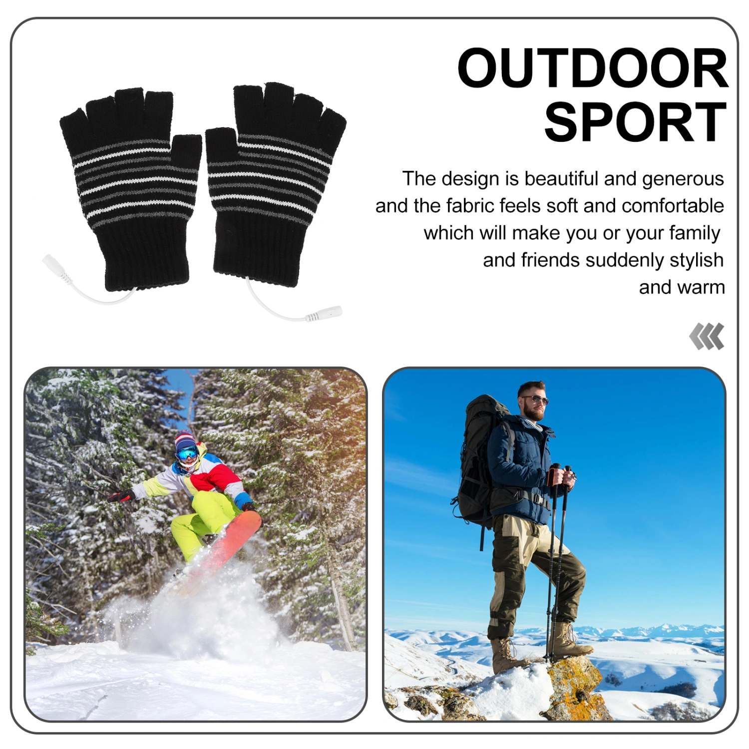 2 Pairs USB Heated Gloves Wool Heating Mittens Hands Warmer Fingerless Gloves