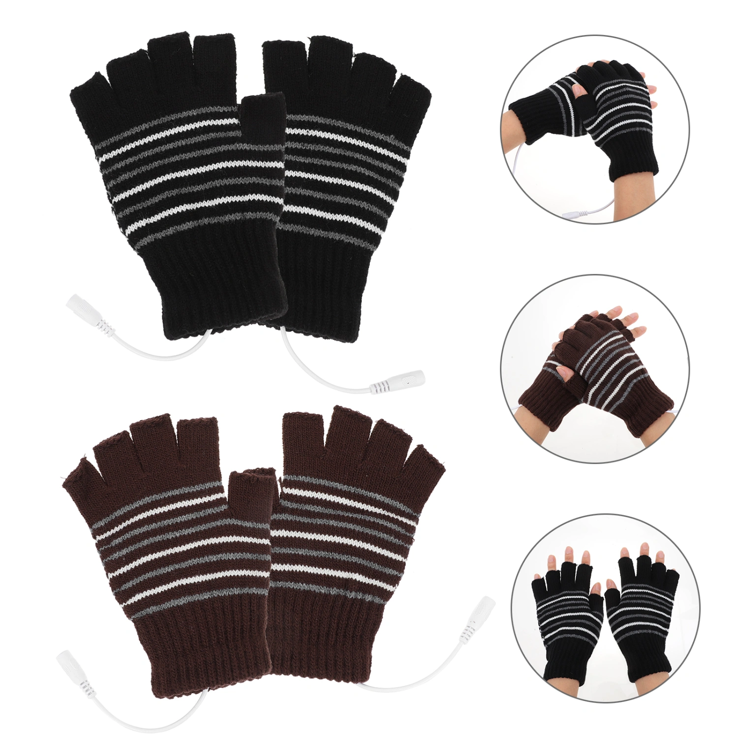 2 Pairs USB Heated Gloves Wool Heating Mittens Hands Warmer Fingerless Gloves