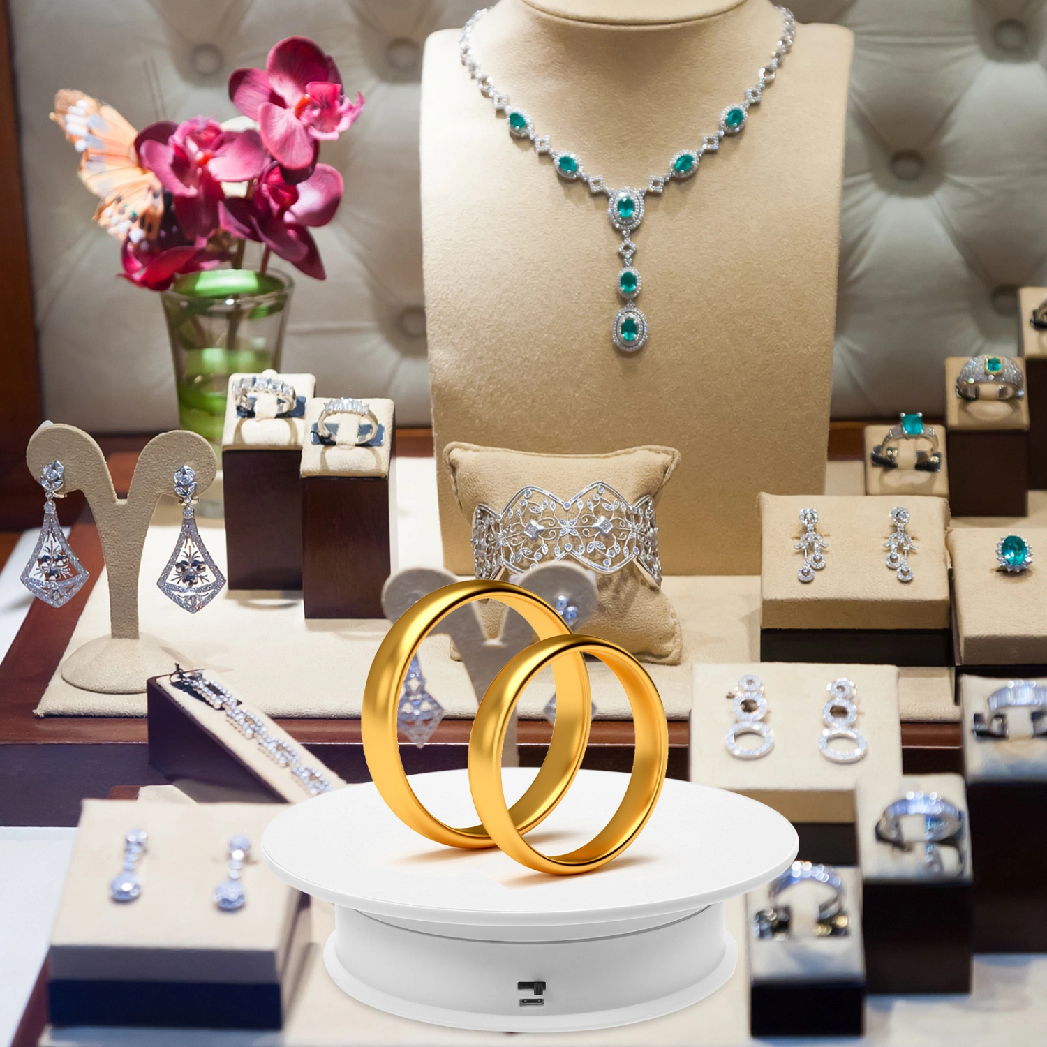Tabletop Jewelry Collection Display Stand Round Rotatable Plate Electric Turntable for Displaying