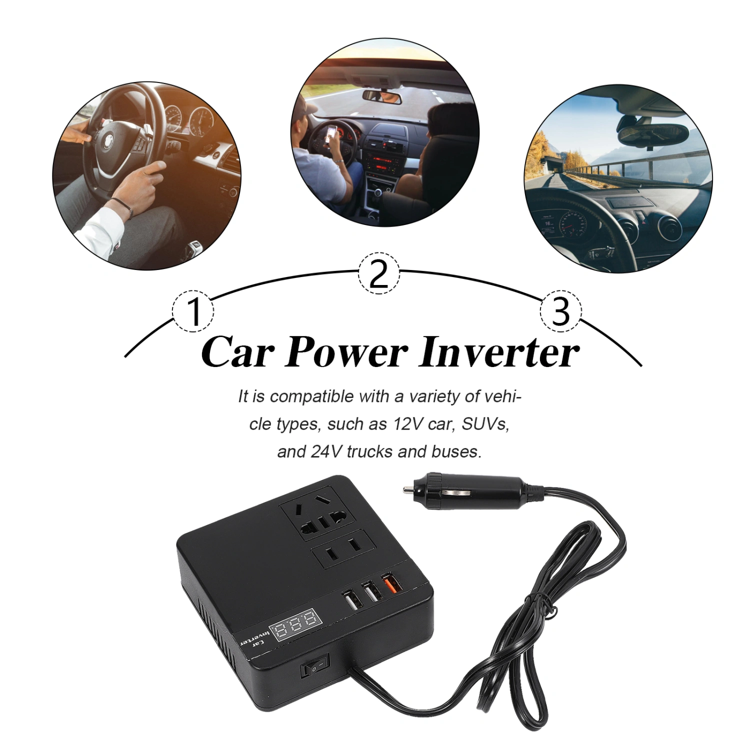 1Pc Car Power Inverter DC 12V 24V to 220V Inverter with Switch and LCD Screen