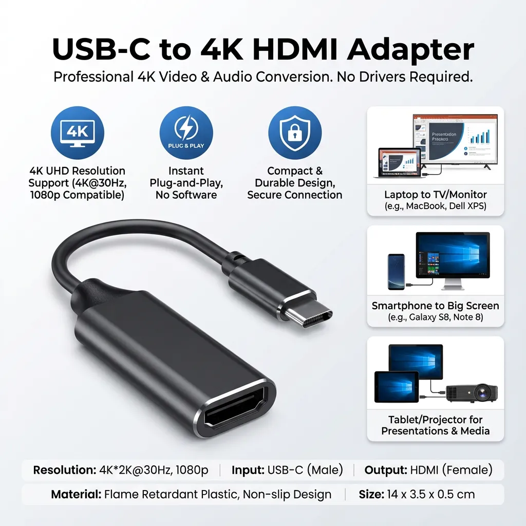 Type c to Cable USB-C To 4K Adapter Conversion Line for Computer Cellphone TV Black