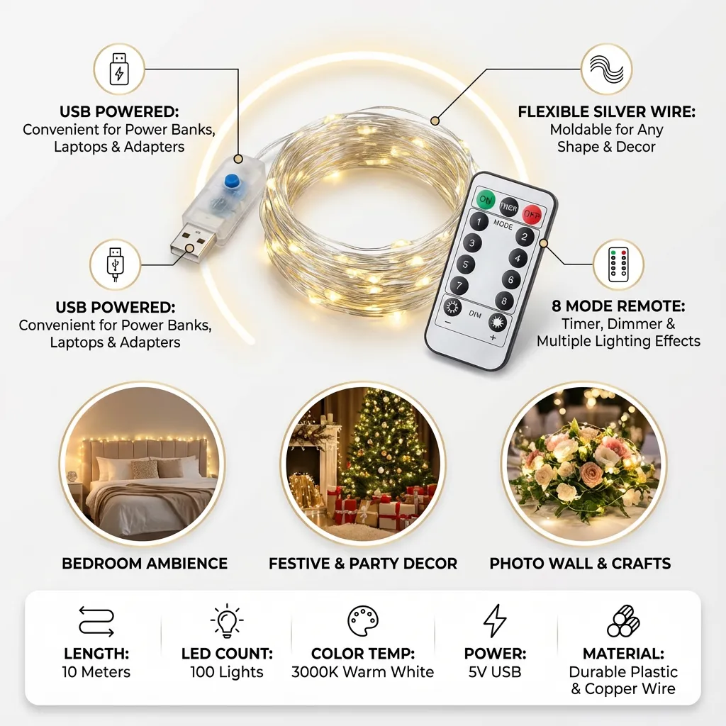 10M USB Powered Light String Decorative Silver Wire LED String Lights with Christmas Birthday Festival Decoration (Warm White 100 Lights)