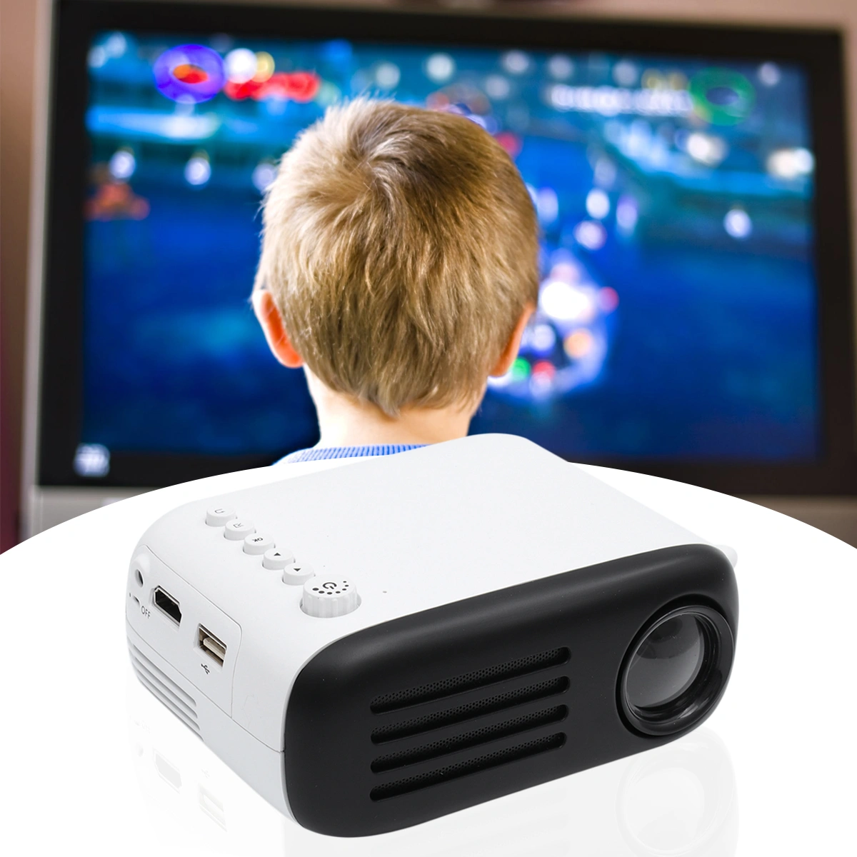 1080P Household LED Mini Projector Portable Projector Device Home Theatre for Home Cinema Theater Indoor with US Plug (Black and White)