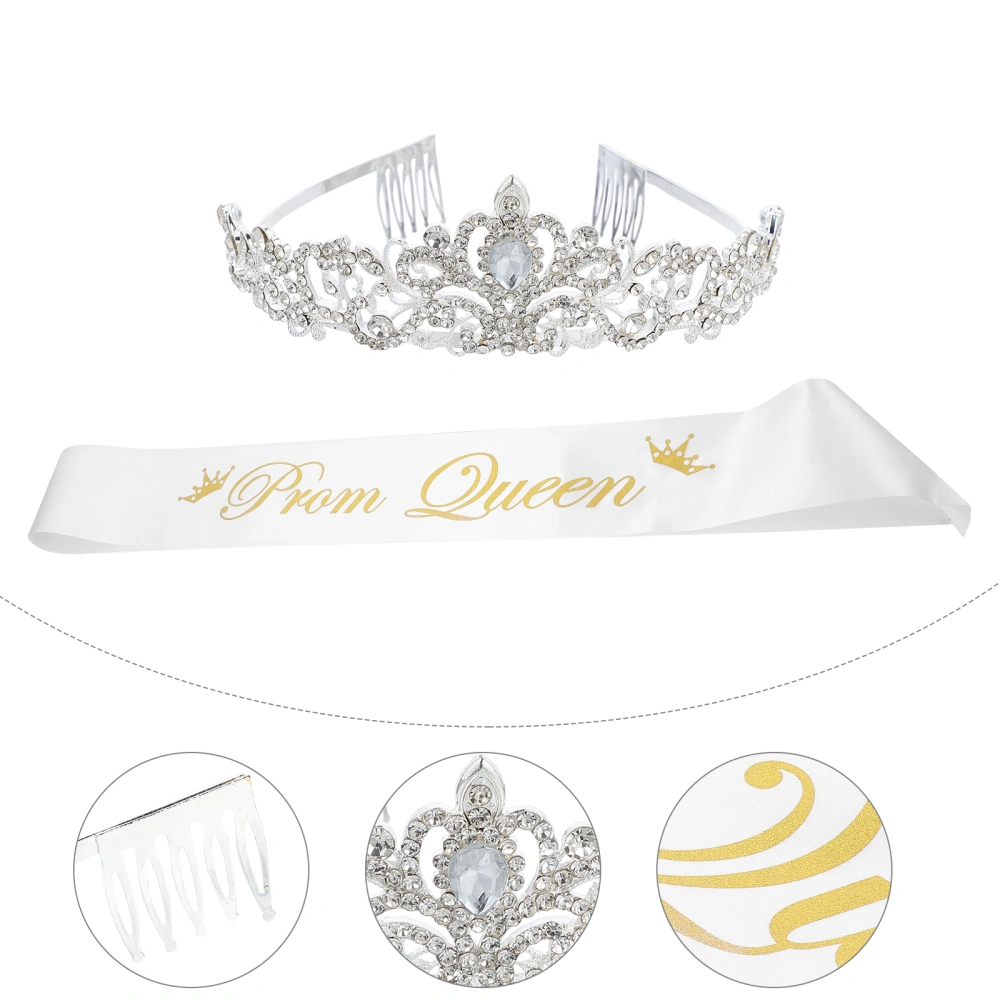 2Pcs Prom Queen Sash and Crystal Rhinestones Crown Set Wedding Party Headdress