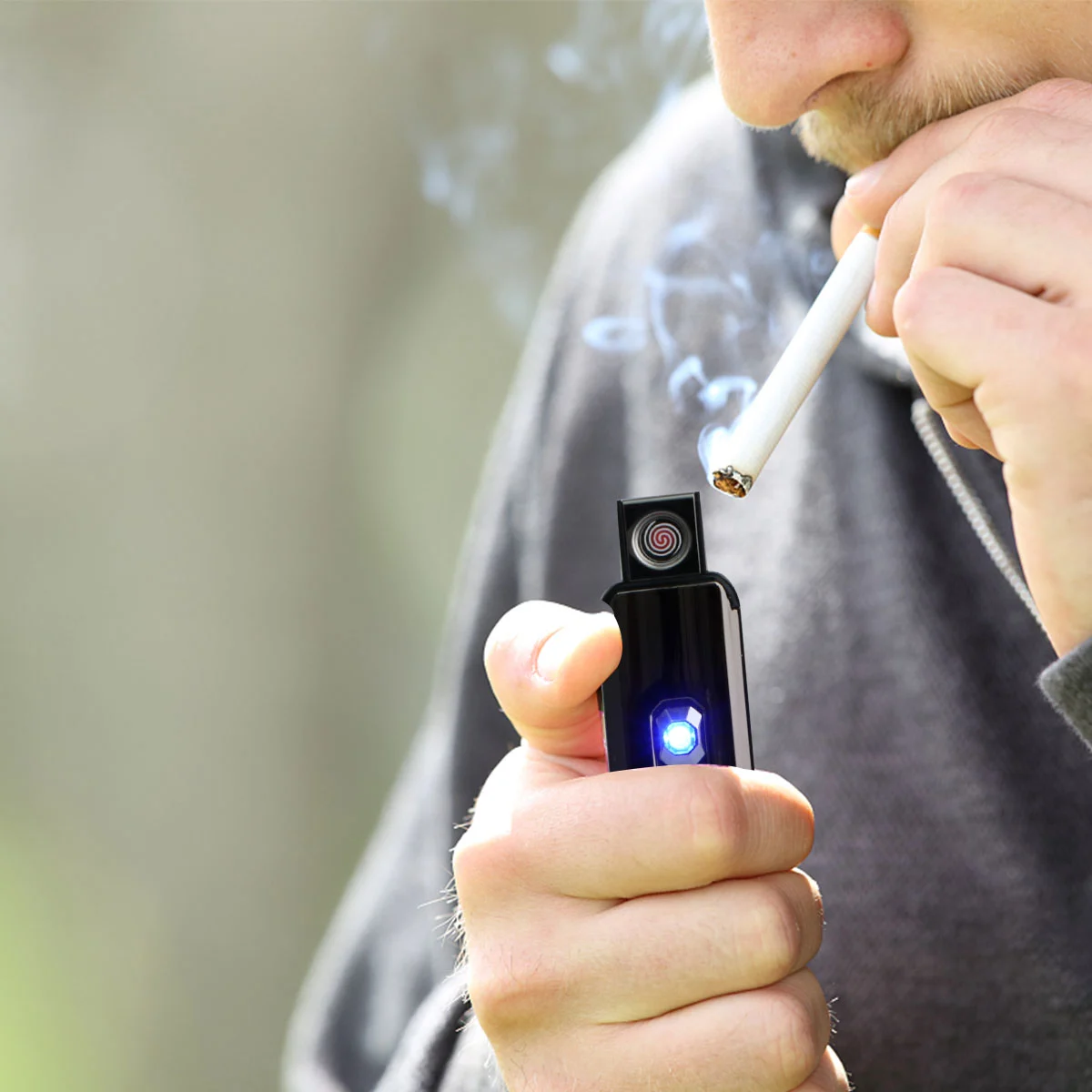 1pc Windproof USB UP Push Type Rechargeable Cigarette Lighter Electric Flameless Lighter Cigar Lighter (Black)