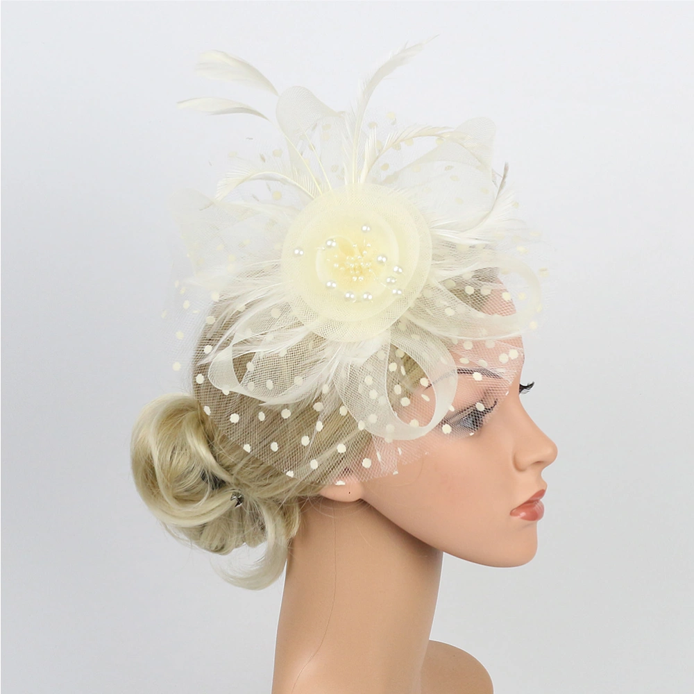 Gauze Feather Headdress Creative Bead Flower Hair Band Bridal Photo Prop Hair (Beige)