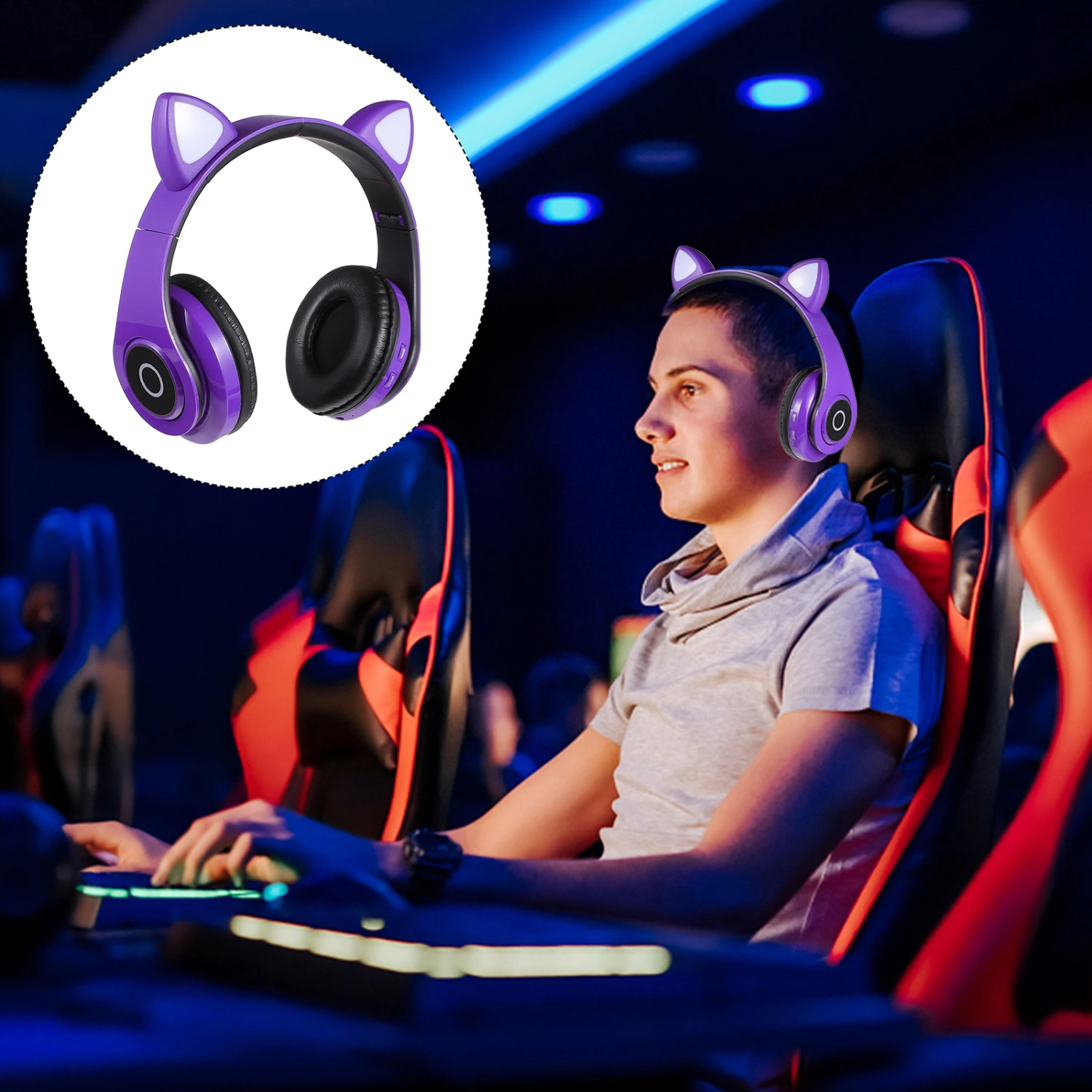 Foldable Wireless Headset Adorable Cat Ear Shape Headphone with Lighting