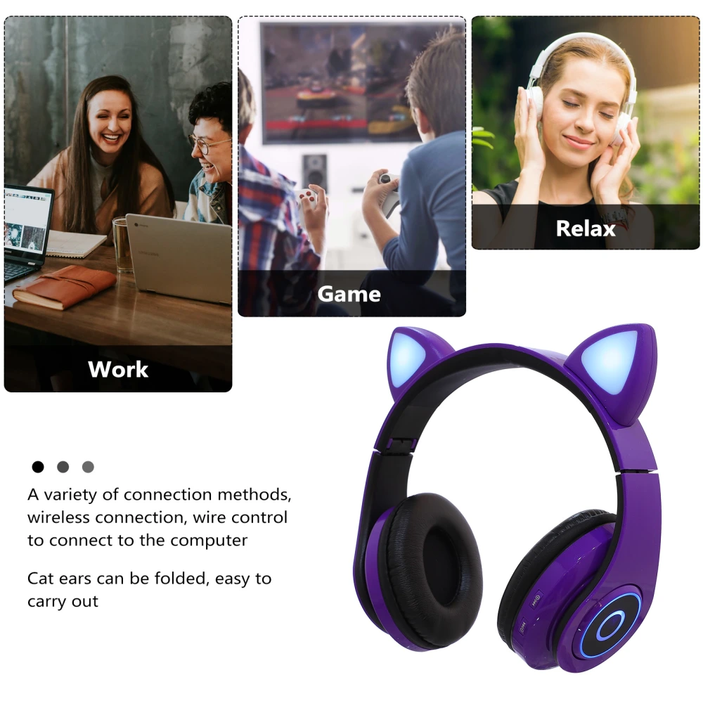 Foldable Wireless Headset Adorable Cat Ear Shape Headphone with Lighting