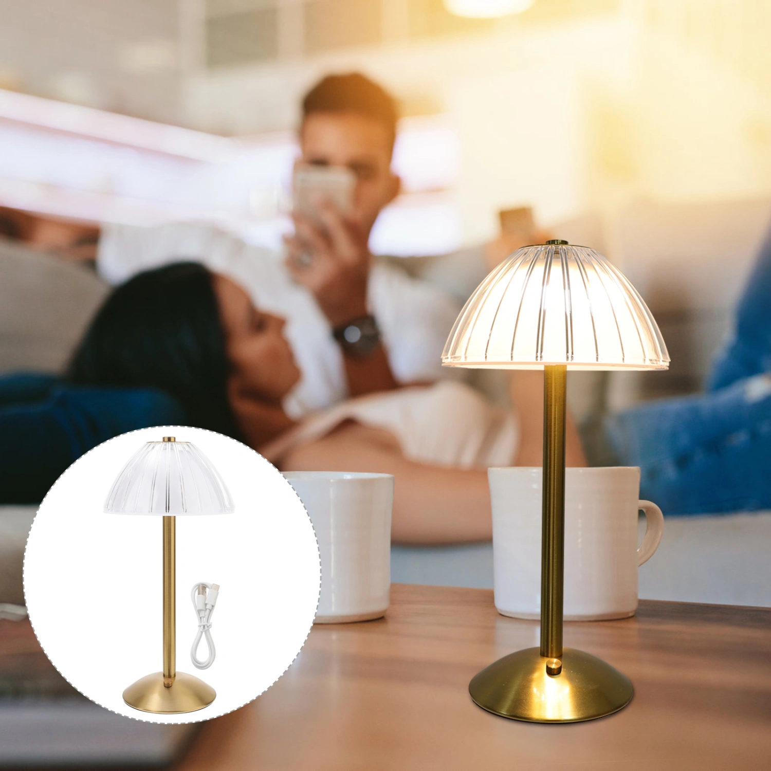 Vintage Bedside Lamp Mushroom Table Lamp with Touch Sensor Rechargeable LED Lamp