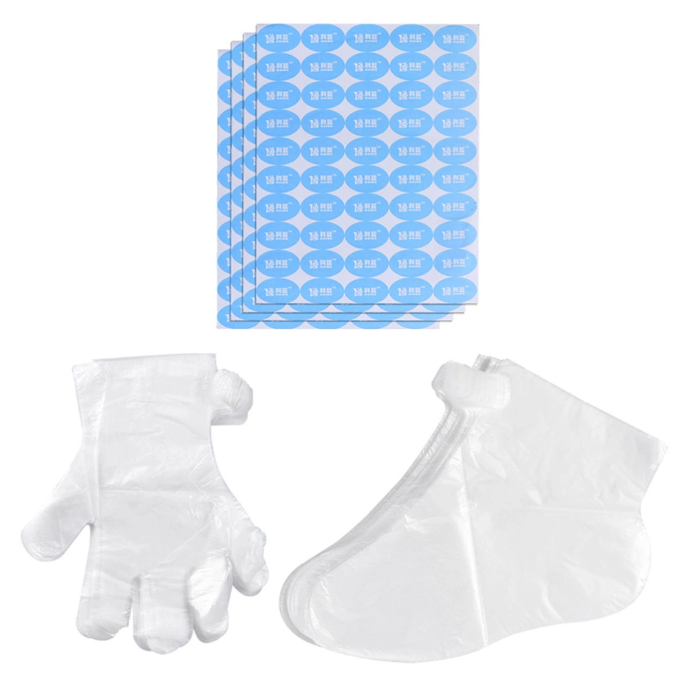 400PCS Disposable Foot Cover Gloves Breathable Pedicure Cover Gloves Kit Plastic Foot Covers Gloves Waterproof Feet Cover Gloves for Home Store (100PCS Gloves+100PCS Foot Covers+200PCS Sticker Transparent)