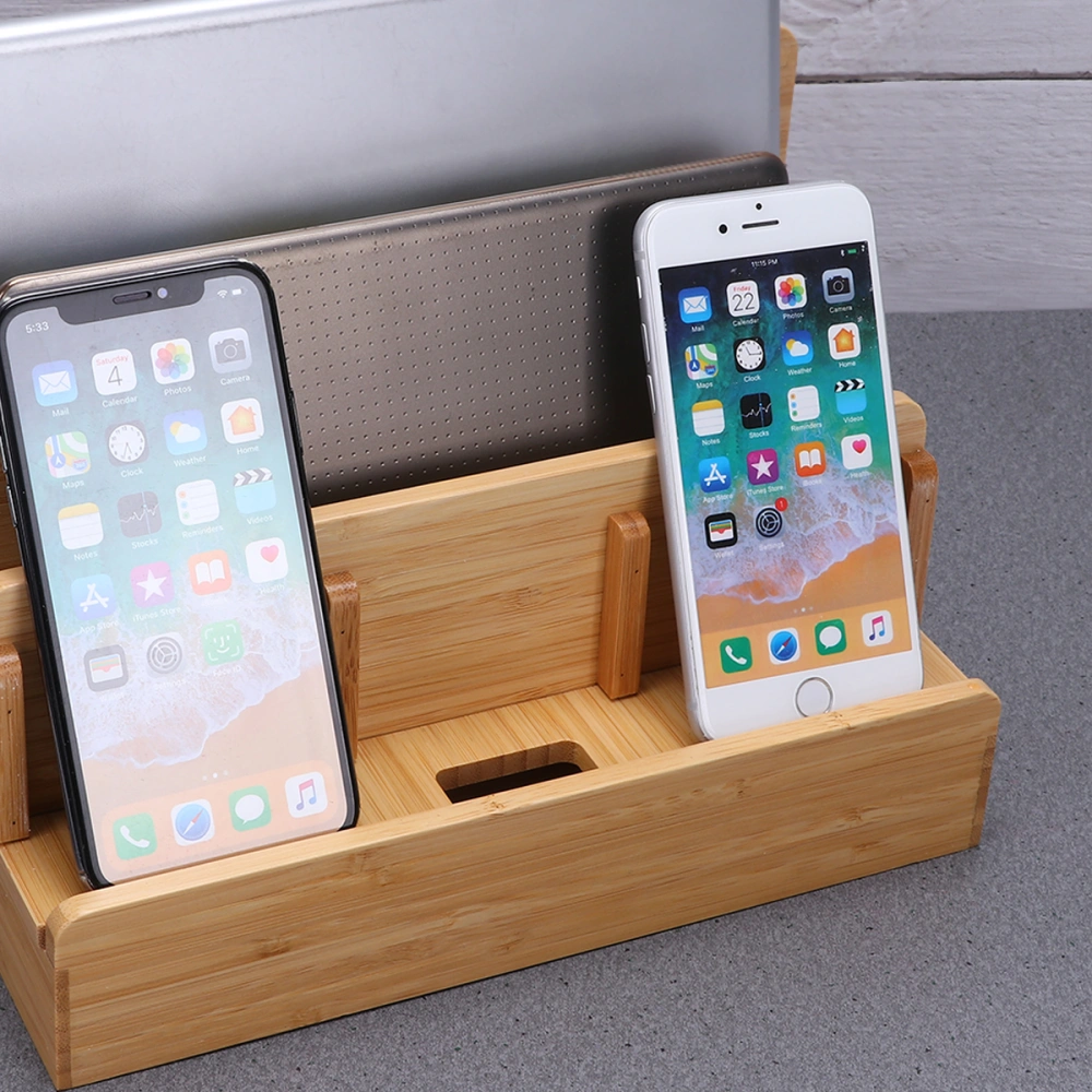 Multifunctional Bamboo Charging Station Docking Organizer Cellphone Holder for Smartphones Multiple Devices Tablets