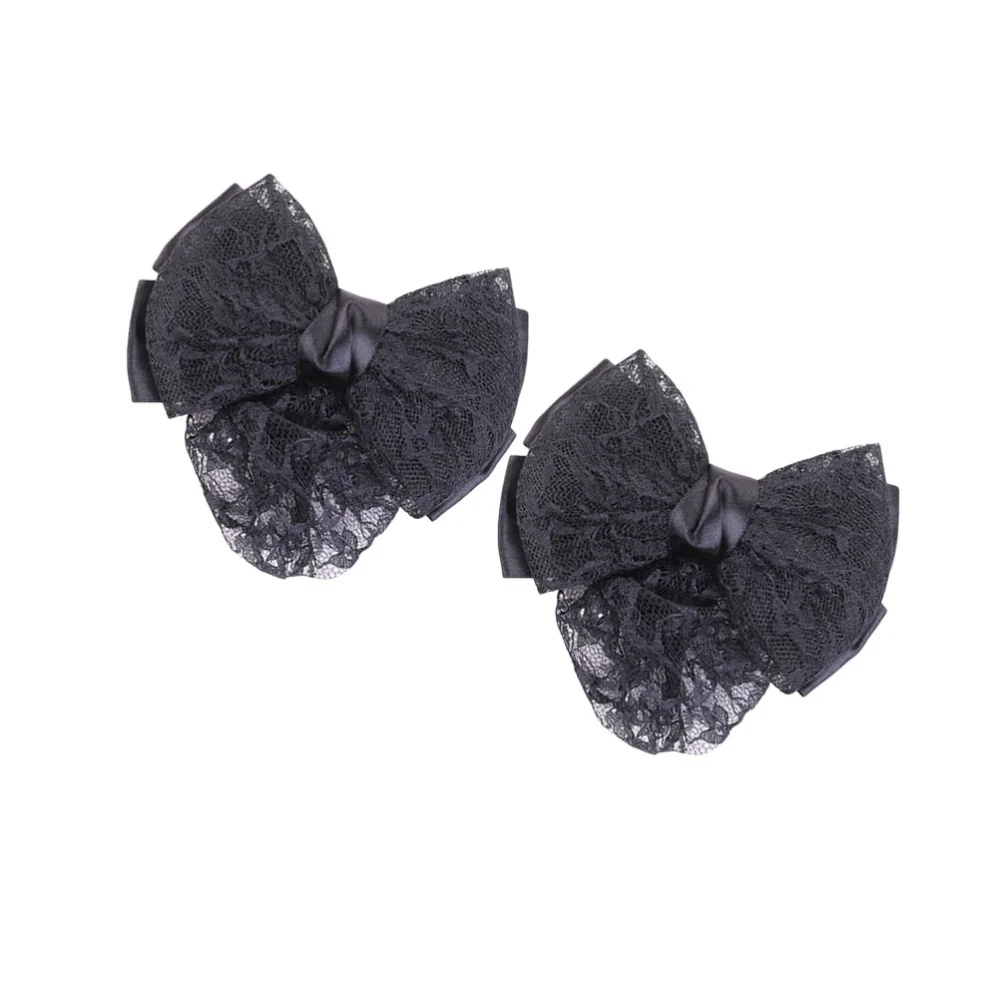 2Pcs Professional Bank Flight Attendant Nurse Bun Bow Headdress Hair Snood Net Mesh Hair Clip Cross Bow Office Elastic Hairpin (Black)