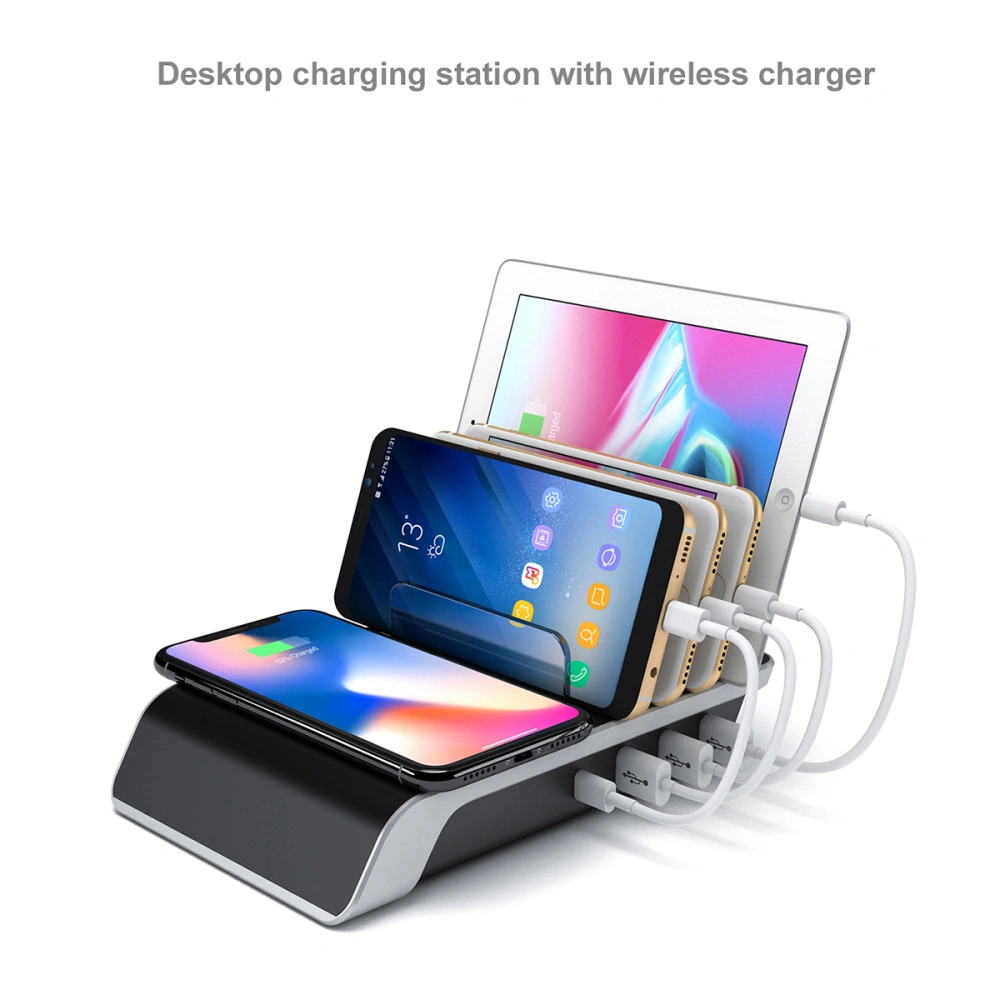 4 Ports USB Desktop Charging Station Dock Cradle for Mobile Tablet Multi-port Stand Charger Station With Wireless Charger (US Plug)