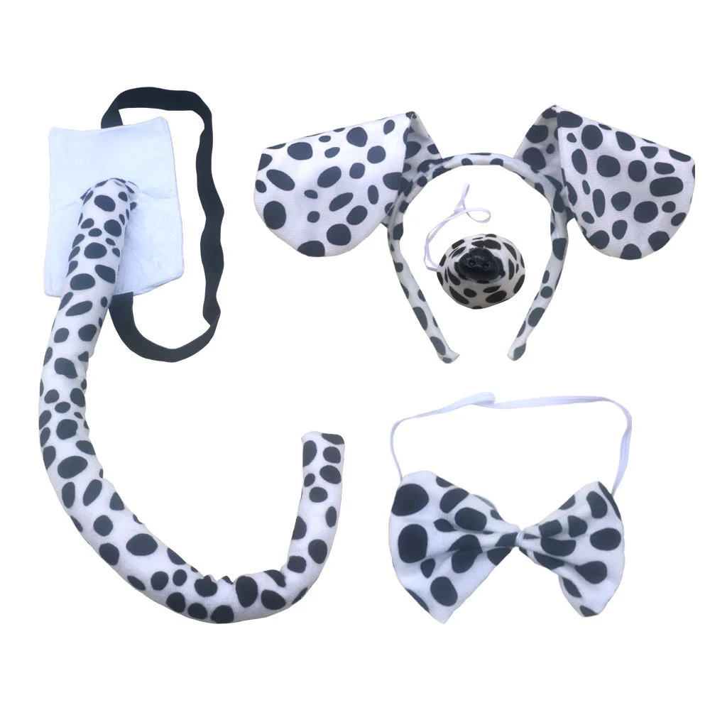 1 Set Animal Ear Headband Cosplay Spotted Dog Costume Tail Prop Bowtie Fake Nose Decor