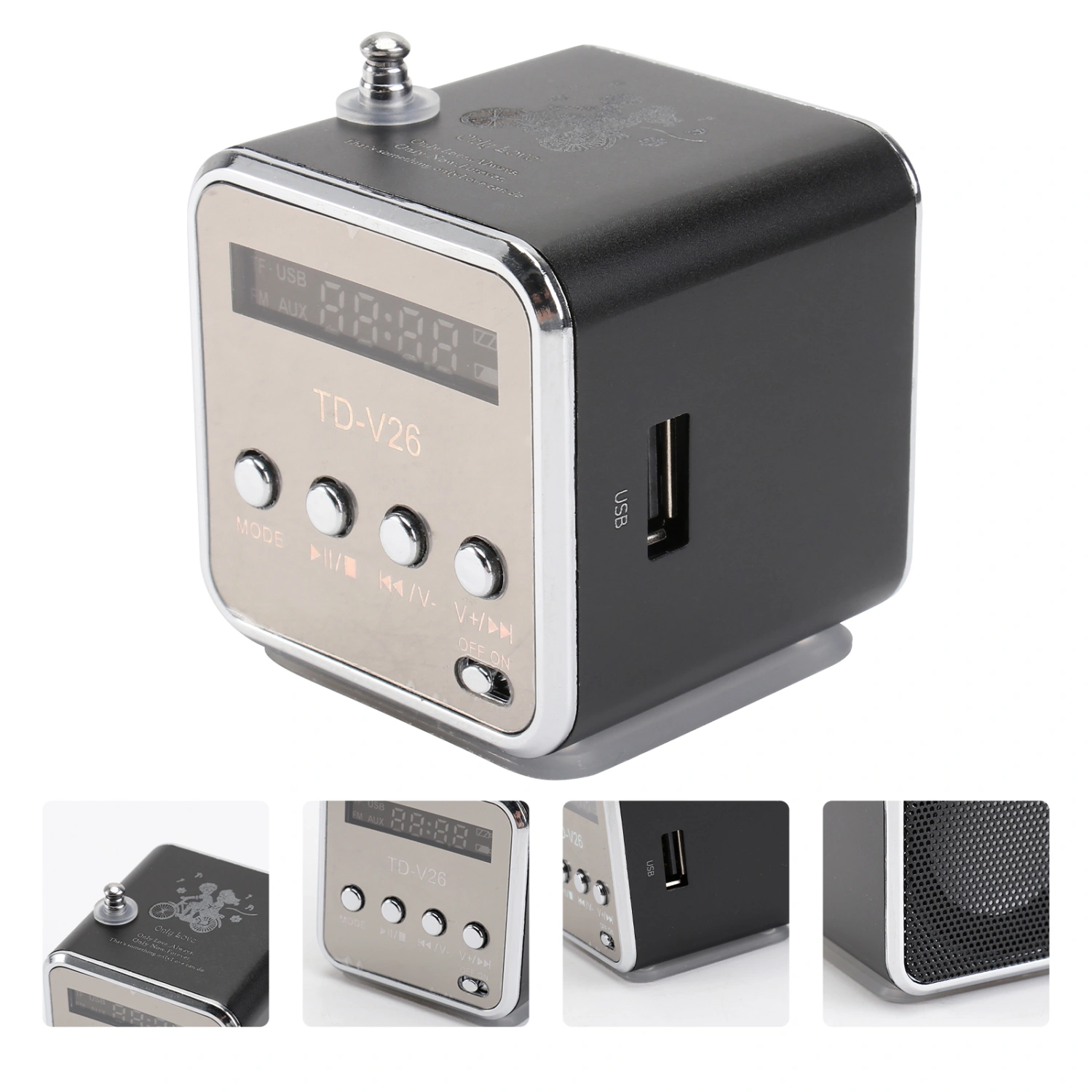 Mini Digital Portable Music MP3/4 Player Micro SD/TF USB Disk Speaker FM Radio (Black)