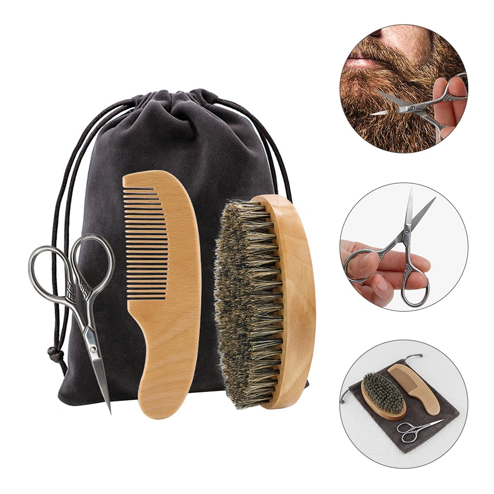 1 Set Caring Shaving Tool Kit Beard Caring Tools Beard Scissors Comb Brush
