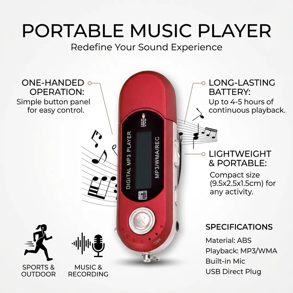 Portable Music Player MP3 Player for Loudspeaker Box Sports Outdoor Running (Red)