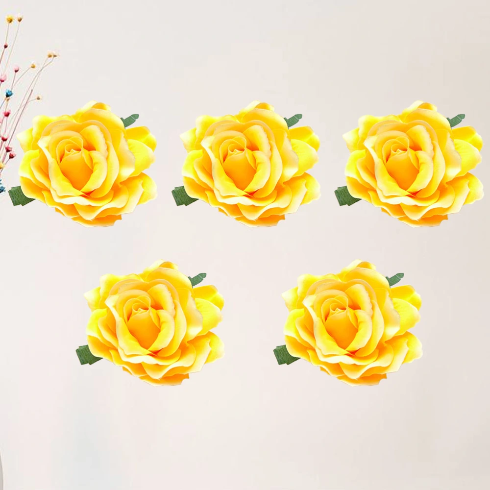 5PCS 10CM Cloth Flower Brooch Bridal Lifelike Rose Corsage Flower Hair Clip Dress for Wedding (Yellow)