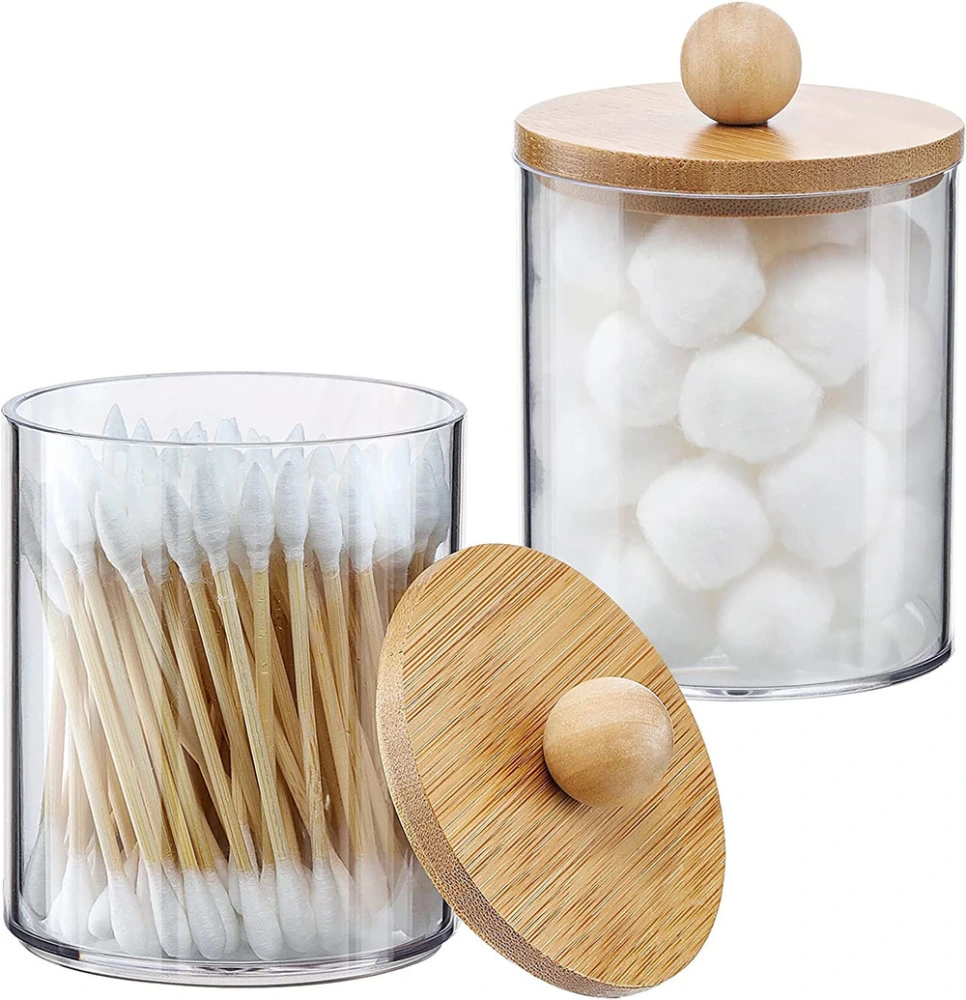 2pcs Bathroom Cotton Pads Storage Box Clear Cotton Swab Organizer Desktop Acrylic Box With Bamboo Lid