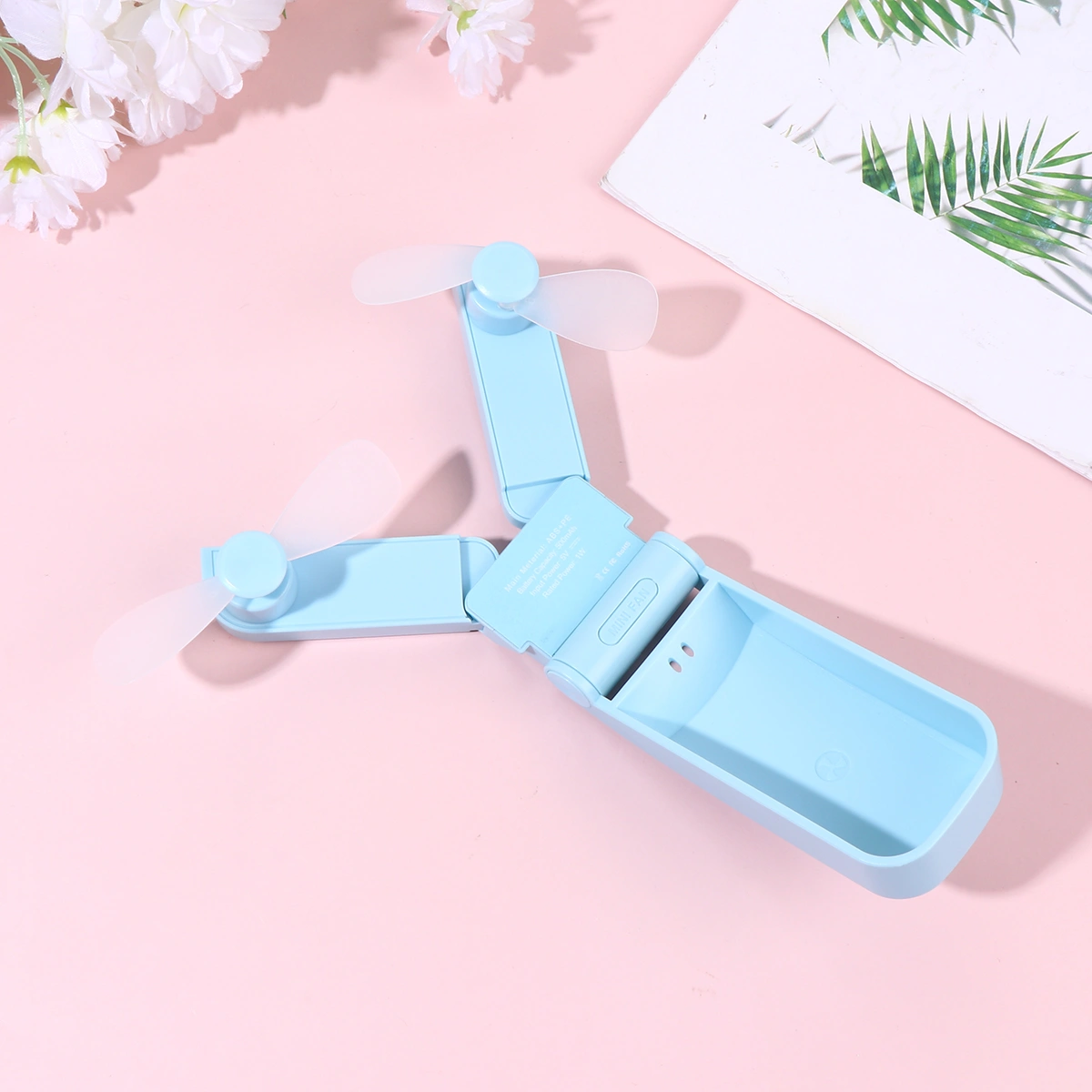 Double-headed USB Fan Table Desktop Electric Fan USB Rechargeable Air Cooler Outdoor Travel Summer Mini Folding Cooling Fans (Sky-blue)