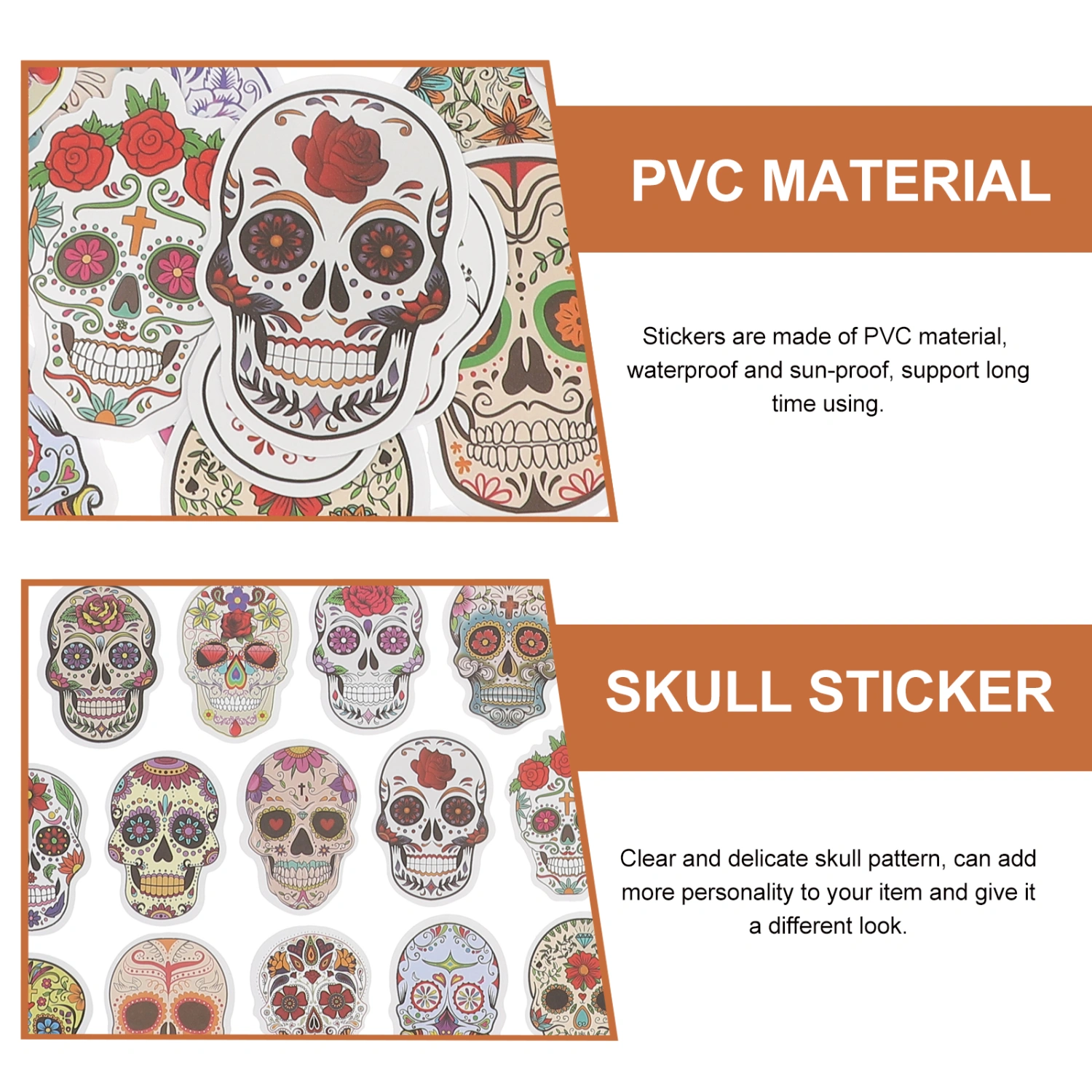 50 Pcs PVC Skull Stickers Self-adhesive Horror Skull Stickers for Scrapbook