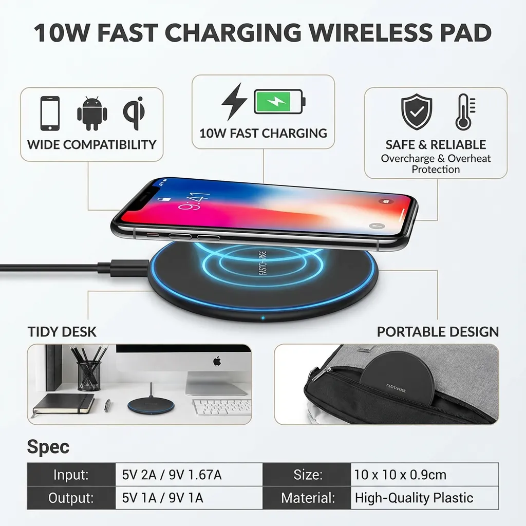 Wireless Charger 10W Wireless Fast Charging Pad for iPhone X 8 S9 S8 S7 and Qi-enabled Smart Phones (Black with Random USB Color)