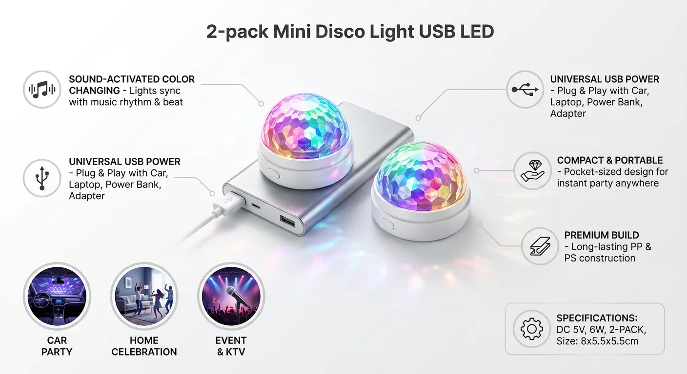 2pcs Mini Disco Light USB LED Disco Light Car Disco Light Color Changing Disco Light