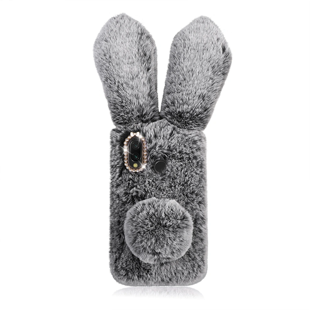 Dark Grey Plush Rabbit Design Phone Case Fashion Rhinestone Shockproof Phoho Shell Keep Warm Cover Compatible with Galaxy A40