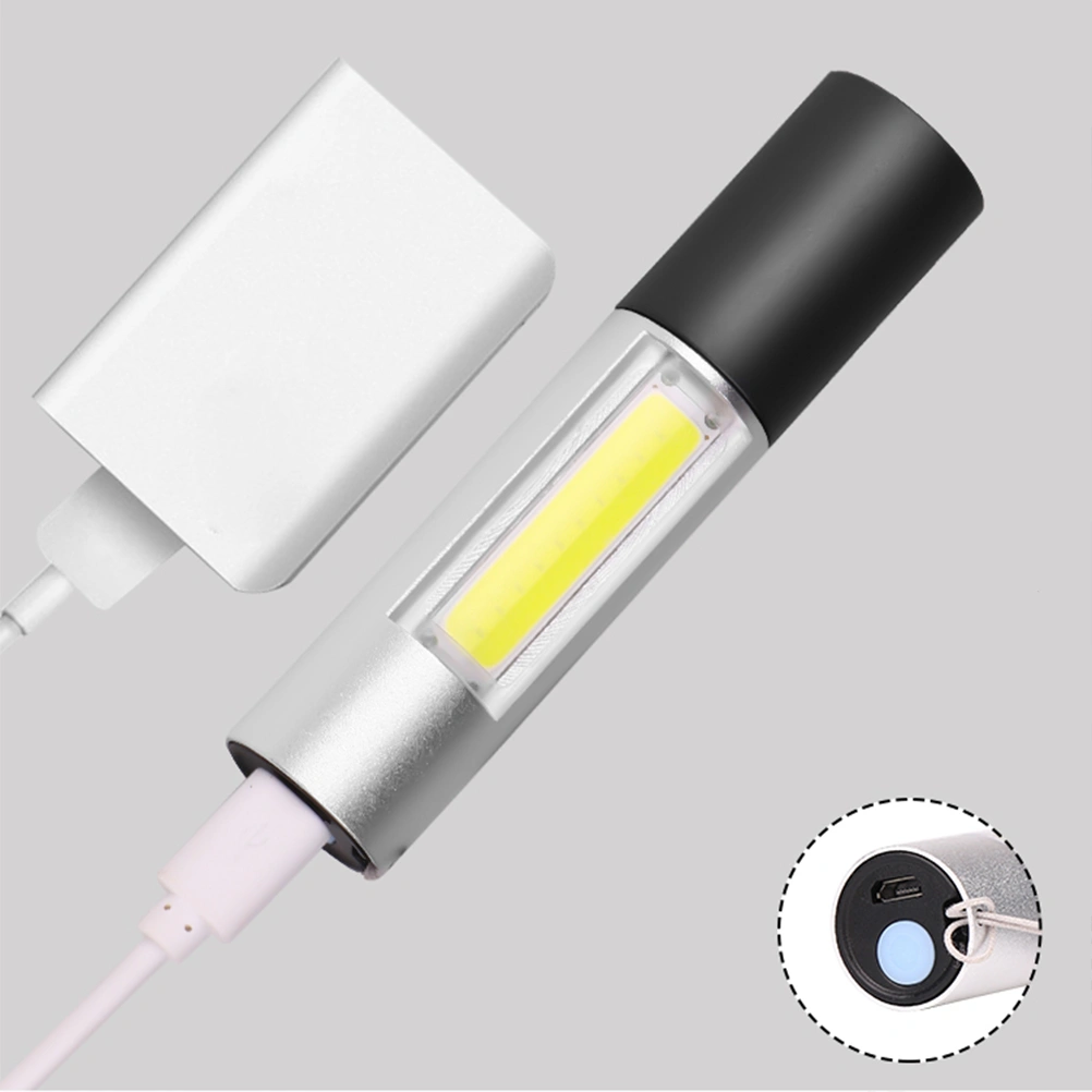 1PC Mini Small Flashlight Portable Hard Light LED Torch Zoom COB Working Lamp Rechargeable Outdoor Flashlight for Outdoor Night (Silver)