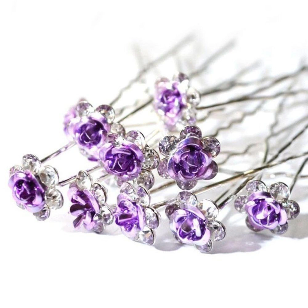 20 Pcs Wedding Bridal Hair U Shaped Rose Crystal Hair Clips Hair Accessories (Purple)