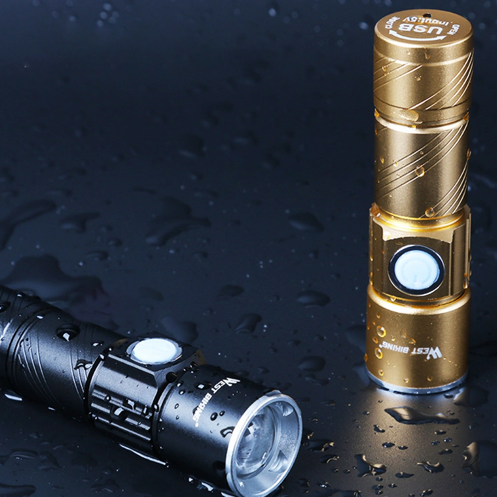 1pc Portable Bike Front Led Flashlight Rechargeable with USB(Black, with Stand)