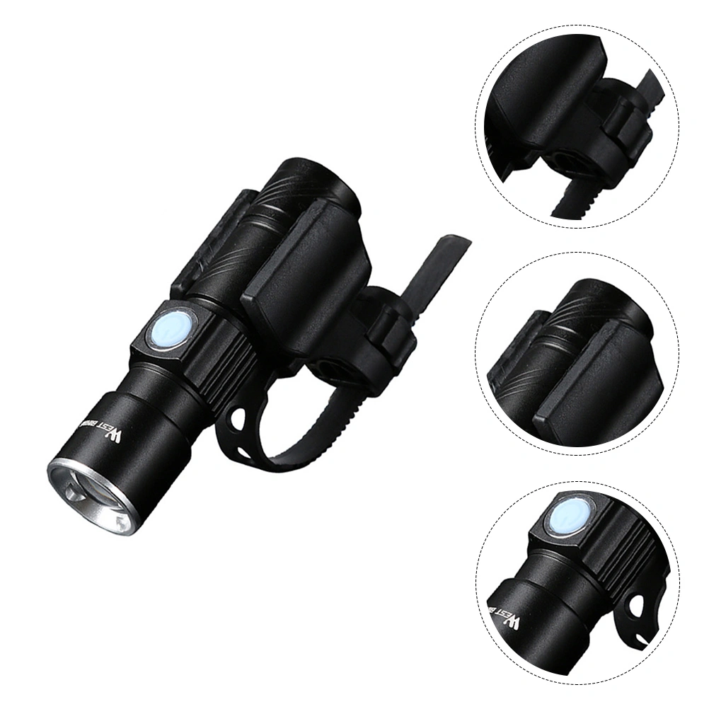 1pc Portable Bike Front Led Flashlight Rechargeable with USB(Black, with Stand)