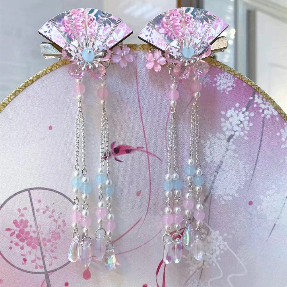 2pcs Hair Clips Flower Hairpins Fan Hair Barrettes Women Tassel Hair Decorations Hanfu Hair Accessories